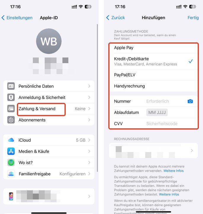 Apple ID-Zahlungsmethoden überprüfen