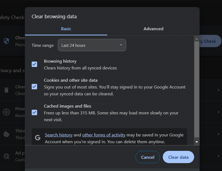 select browsing data ti clear