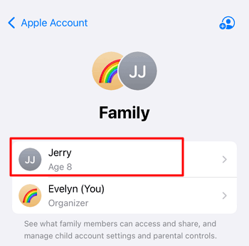 child name under Family settings