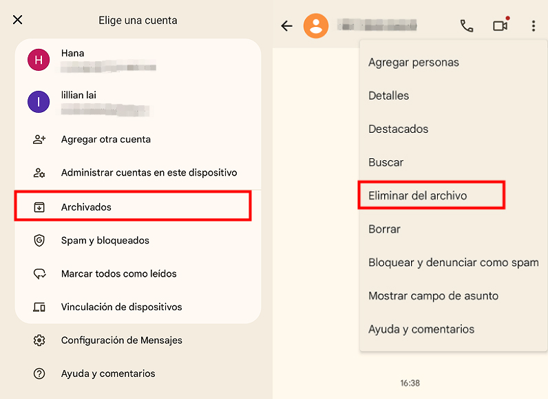 desarchivar mensajes en Mensajes de Google