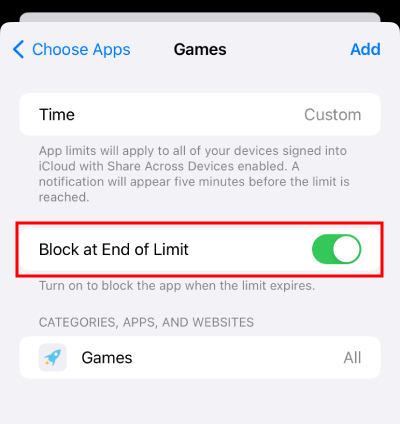 iPhone app limits block at end of limit