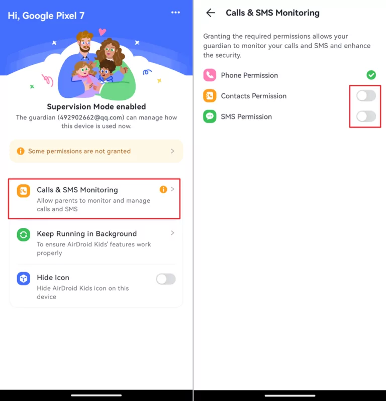 enable Permissions for calls and SMS from AirDroid Kids