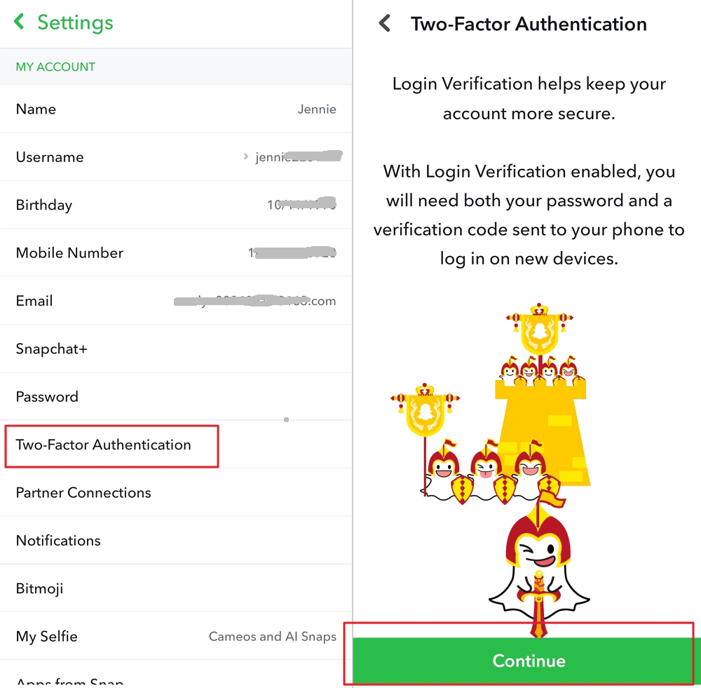 enable two factor authentication on Snapchat