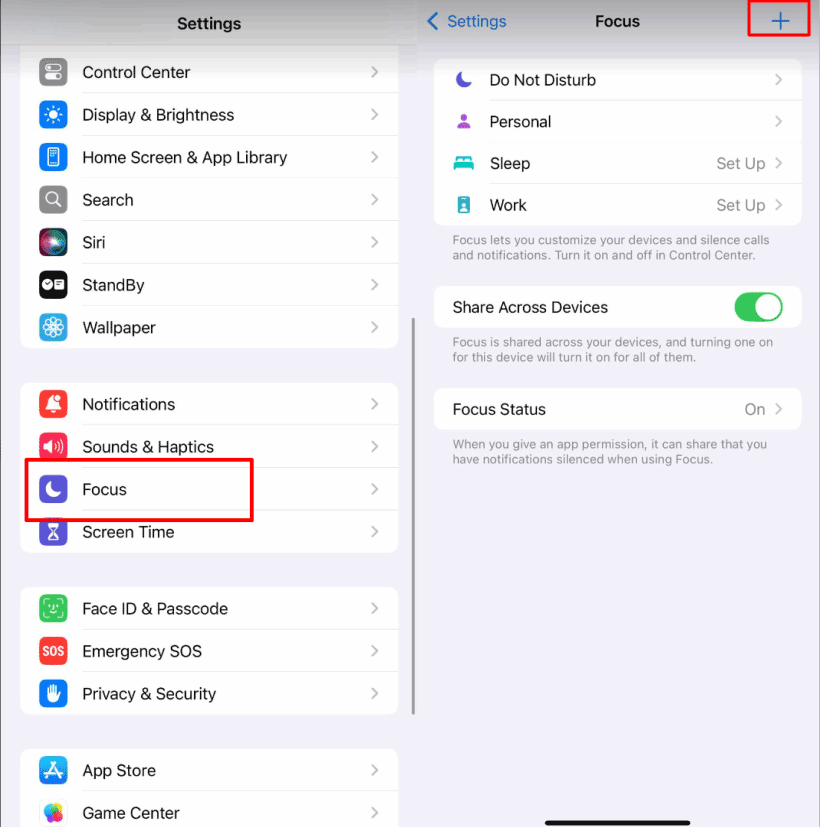 “+” icon of Focus in Settings