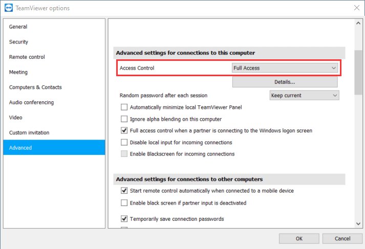 check TeamViewer access settings