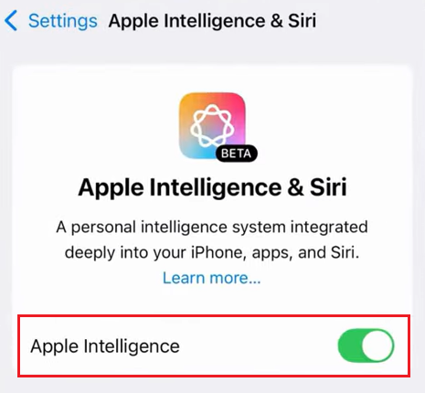 toggle off Apple Intelligence