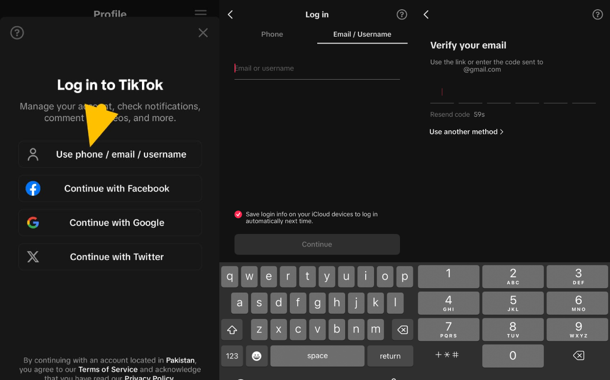 log into TikTok without password using email