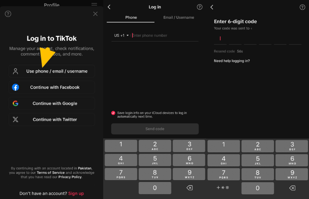 log into TikTok without password using phone number