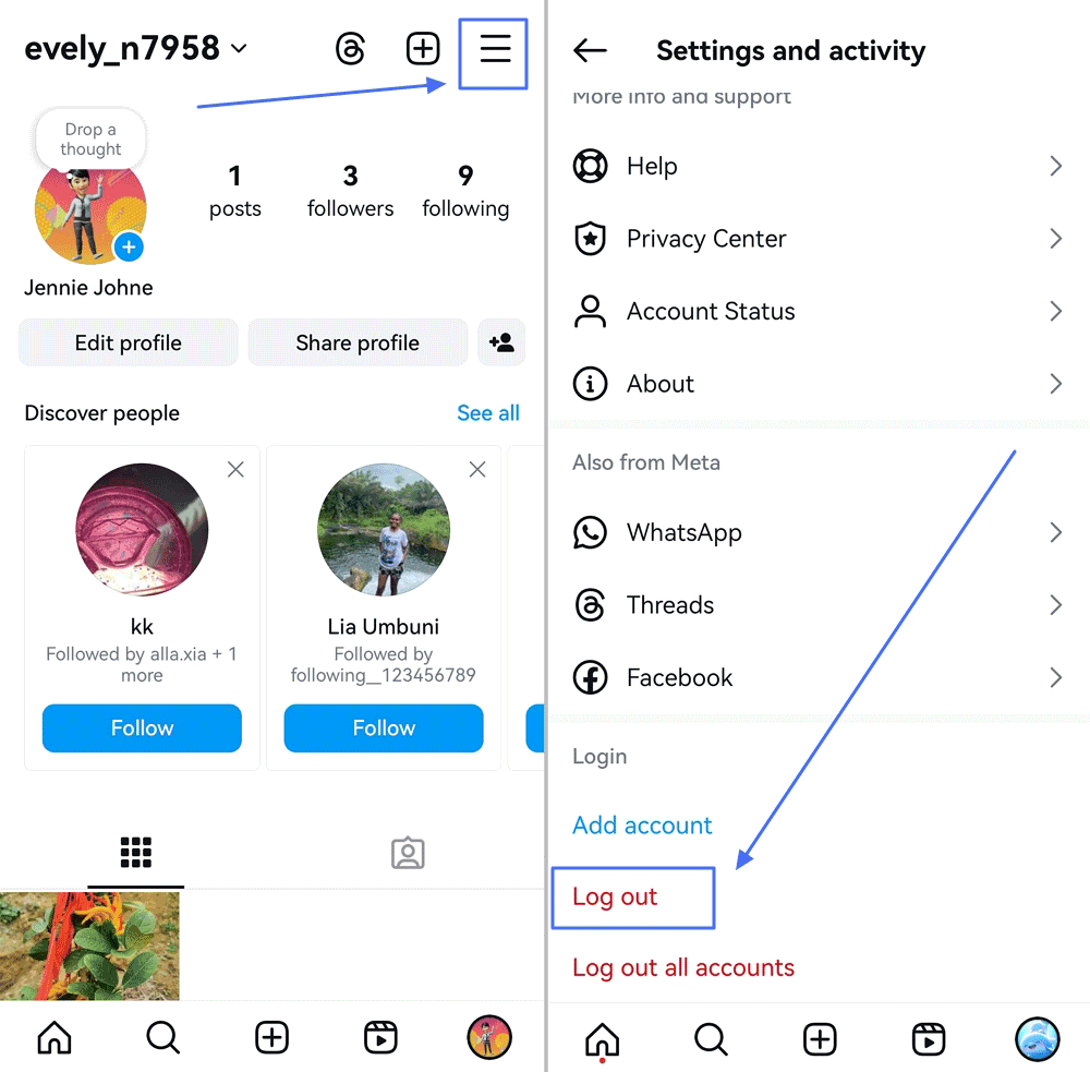 log out in Instagram Settings and activity'