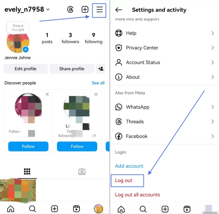 in Instagram Einstellungen und Aktivität abmelden'