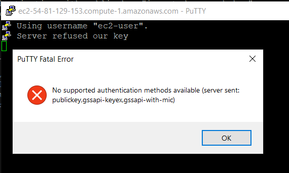 putty no supported authentication methods available