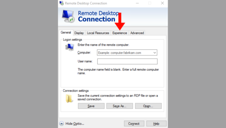 remote desktop connection experience tab