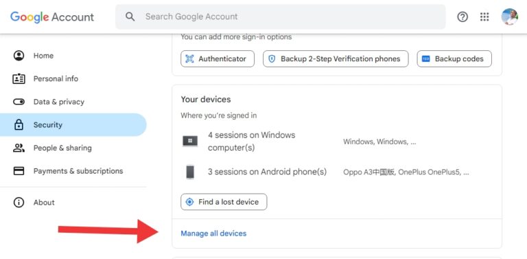 scroll down and click on the manage all devices option under your devices