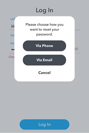 reset Snapchat password with SMS or email