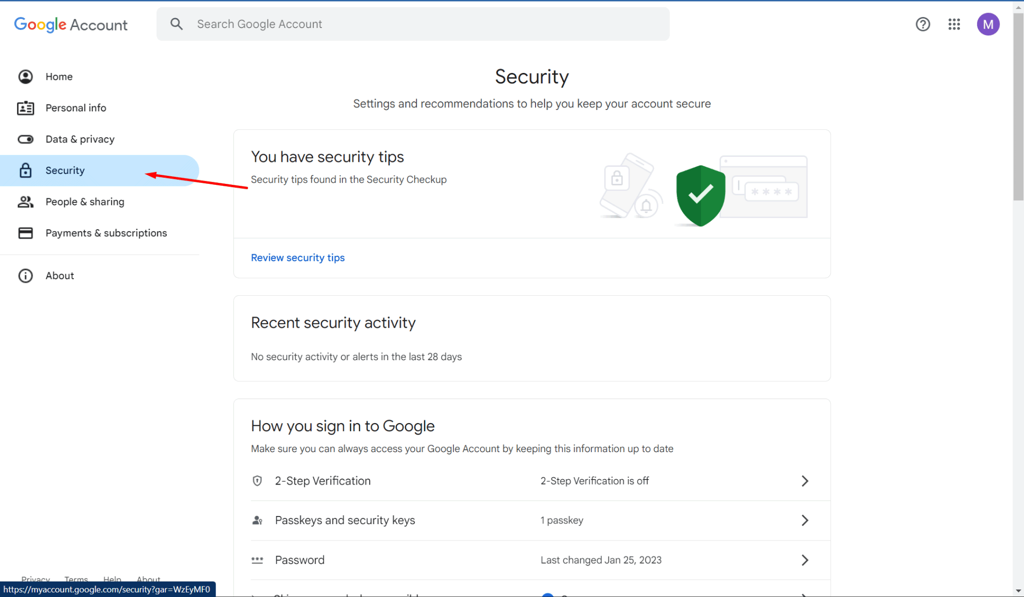 Security settings of Google Account