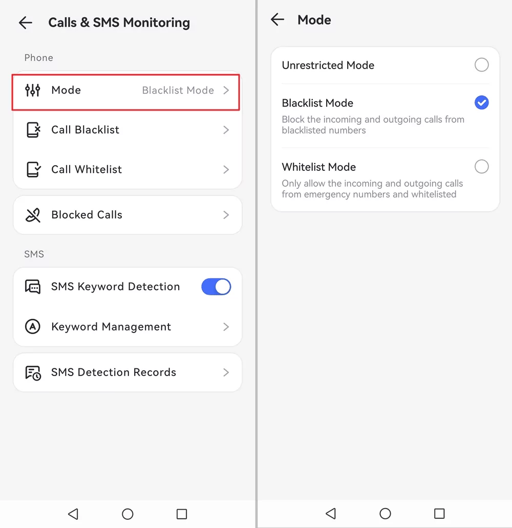 select mode for calls management