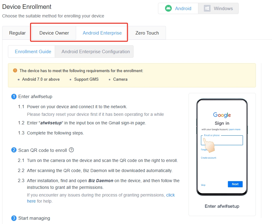 choose a method to enroll your work android devices