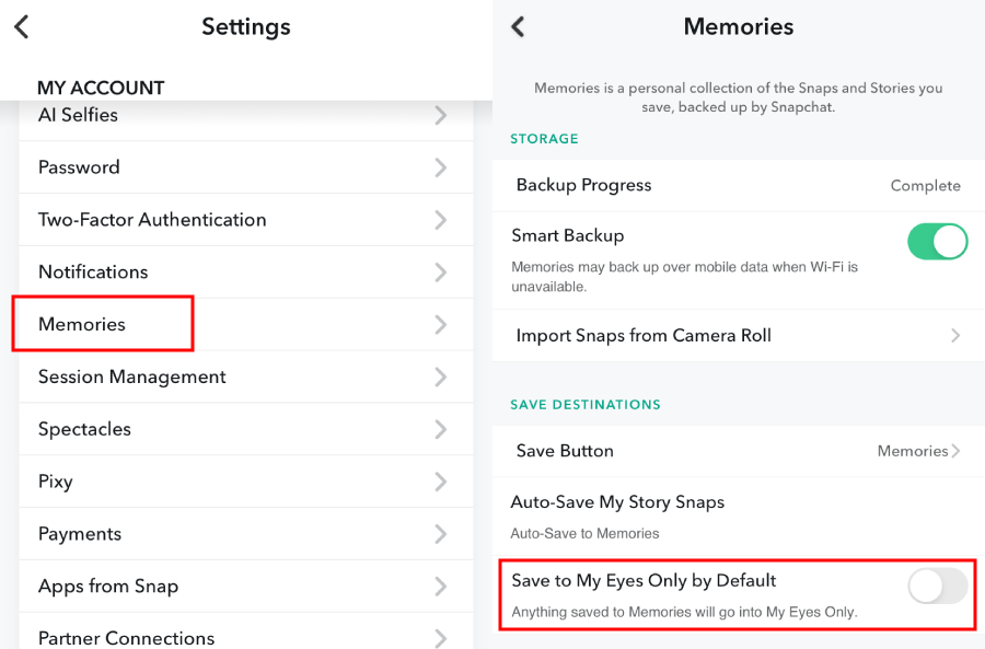 Snapchat turn off save to my eyes only by defult