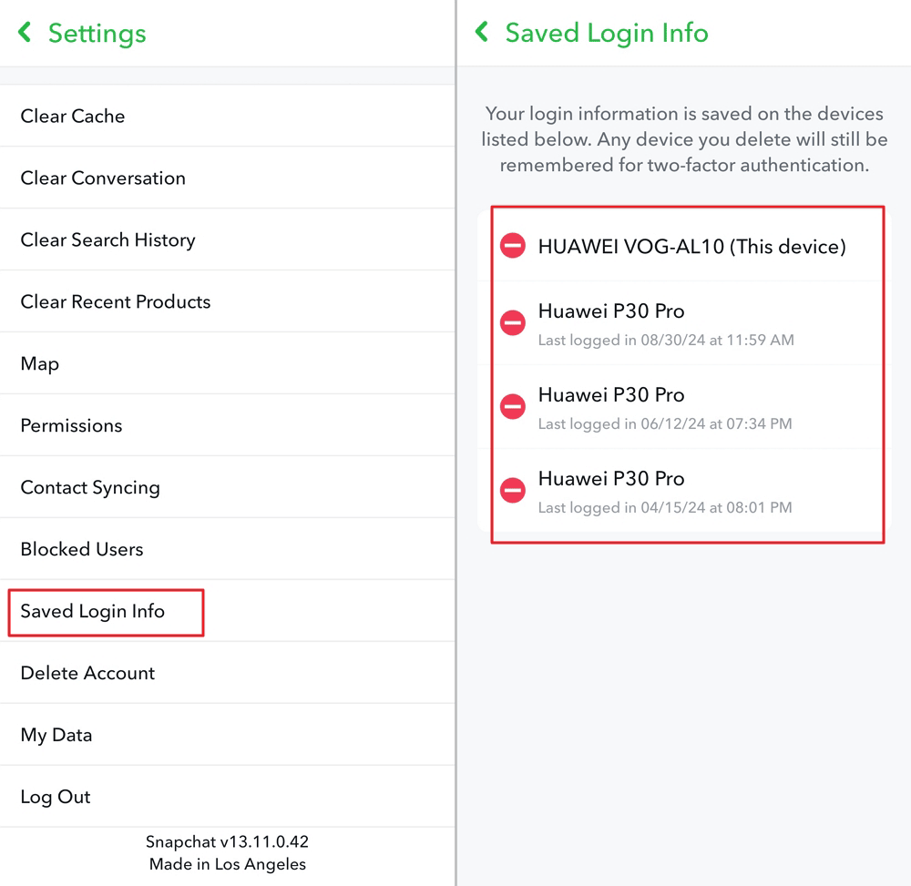 saved login information devices of Snpachat accunt