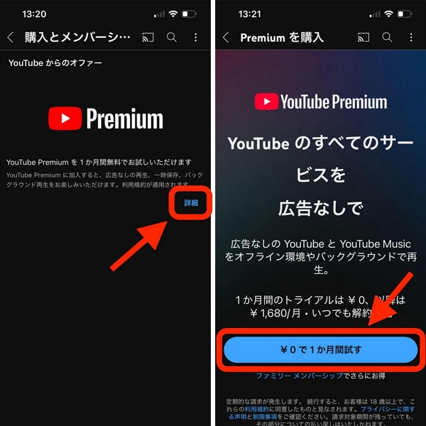 YouTube Premium画面の「詳細」をタップします