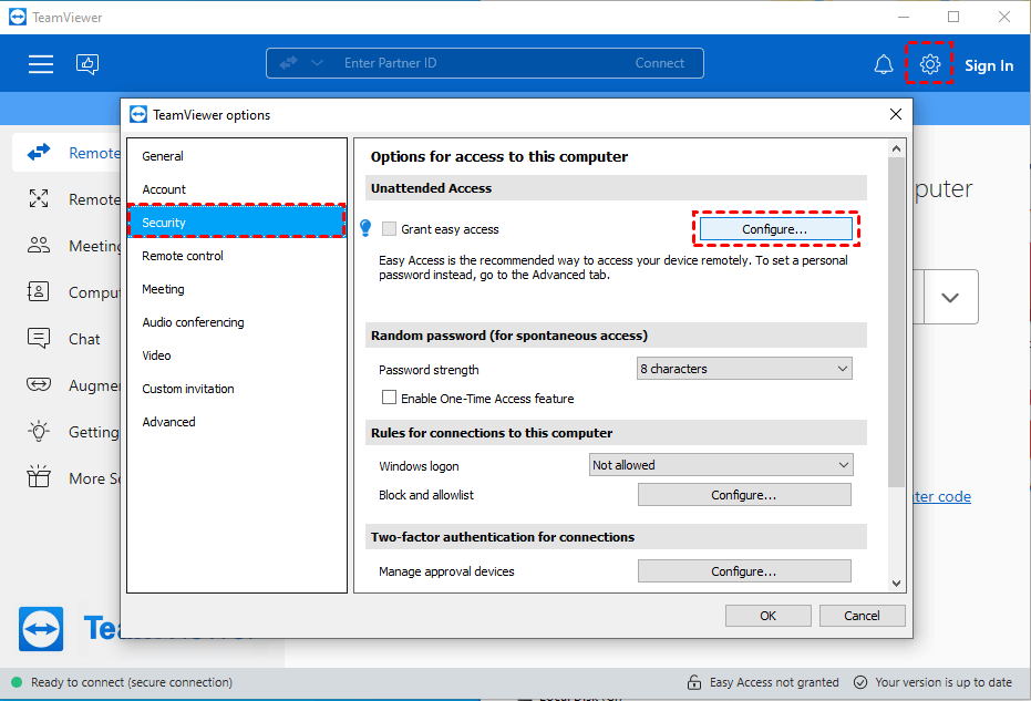 unattended access configure