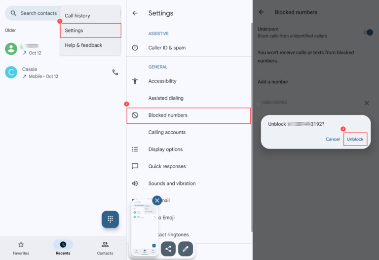 unblock number on Android