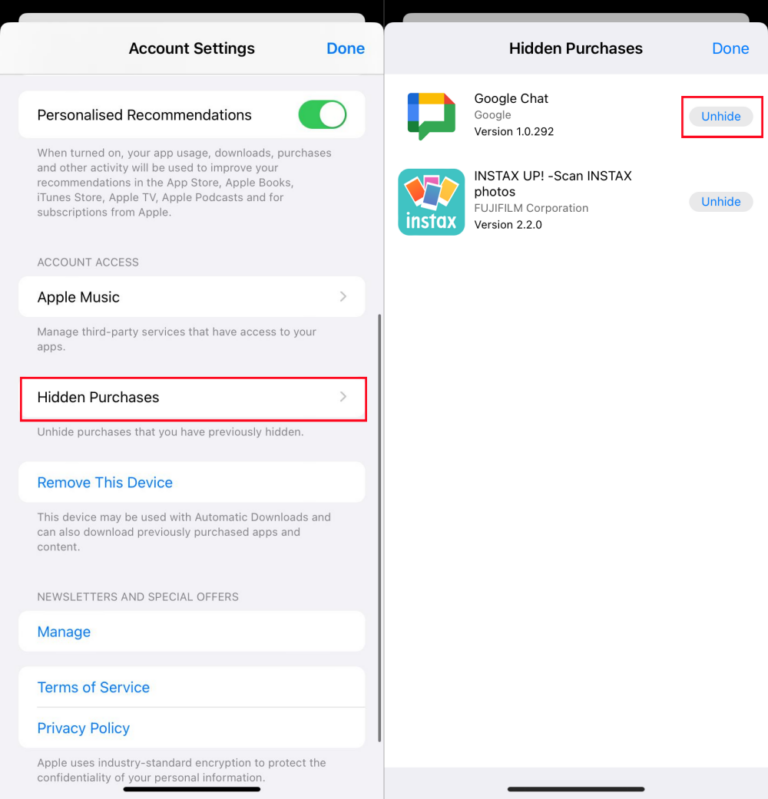 unhide apps from iPhone purchase history
