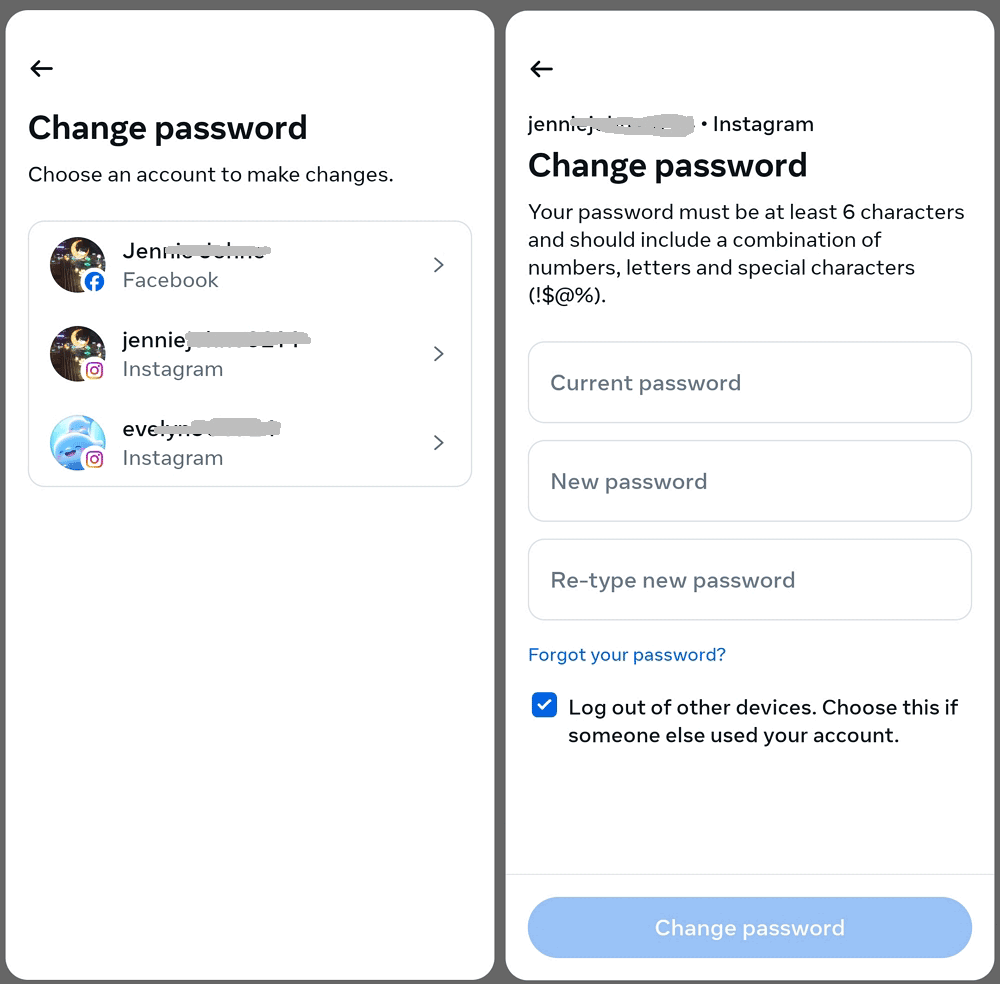 update passwords for Instagram