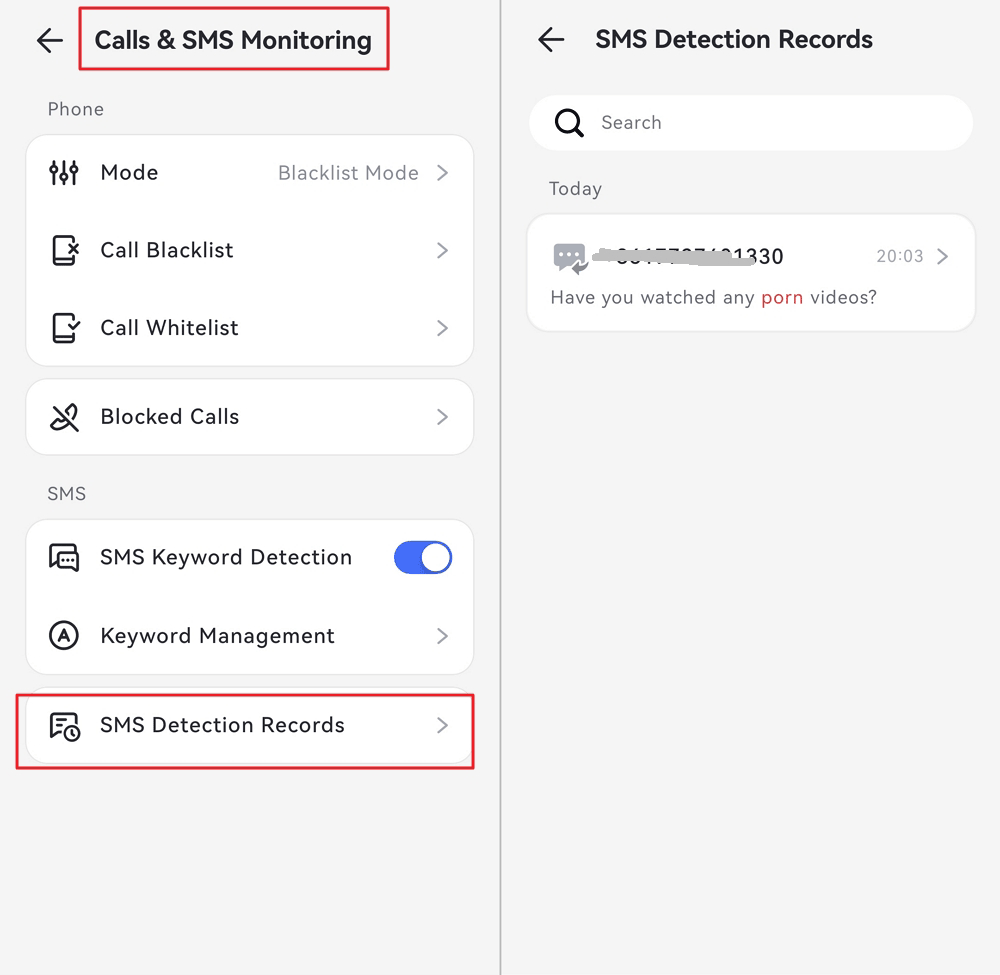 Arama & SMS Takibi bölümünde SMS tespit kayıtlarını görüntüleme