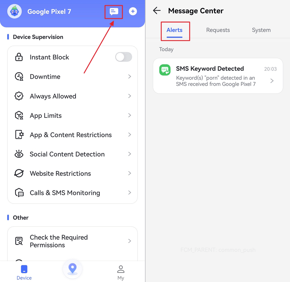 view SMS detection records from Calls & Message Center