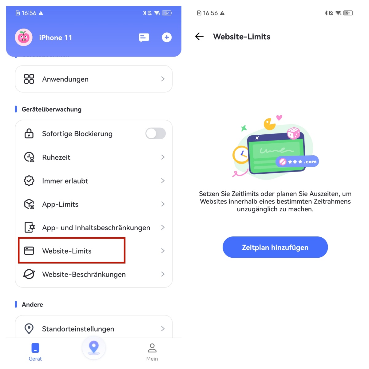 Zeitplan für Website-Limits auf iPhone hinzufügen