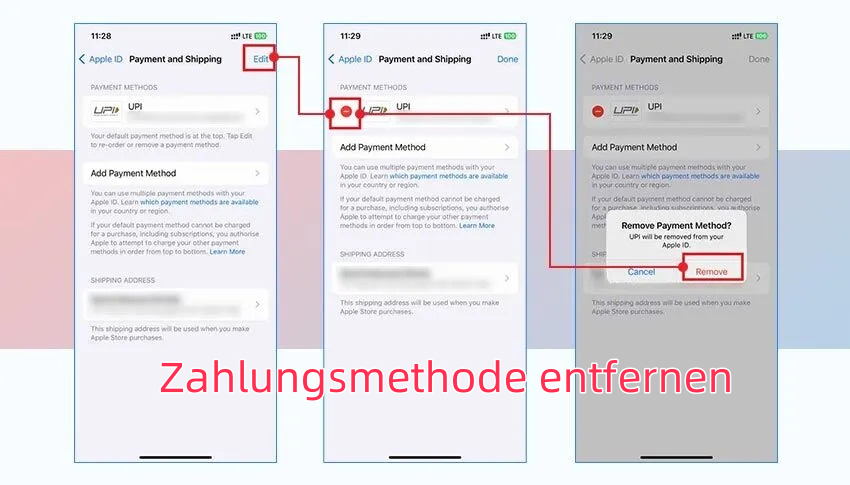 Zahlungsmethode entfernen