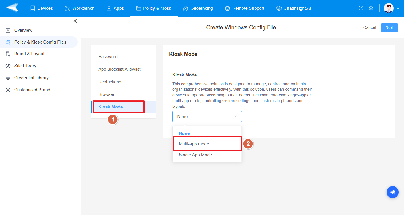 Select ‘kiosk mode’