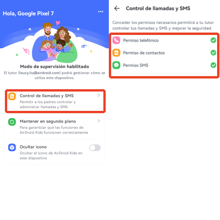 Activar permisos para llamadas y SMS desde AirDroid Kids