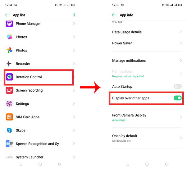 Allow rotation control permission to display over other apps