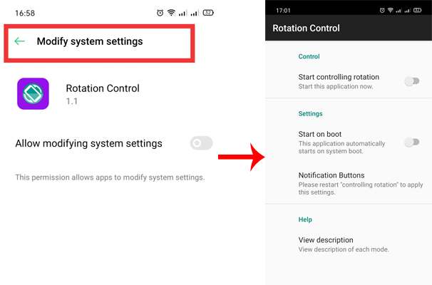 Configure the rotation control app settings