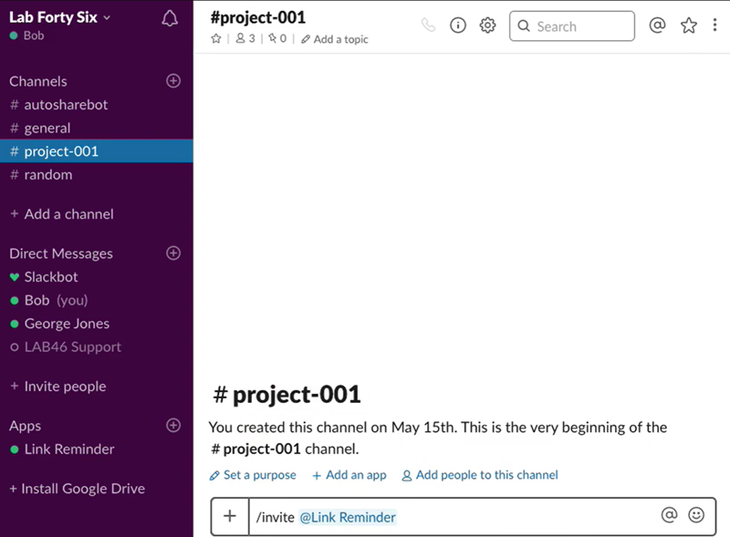 invite reminder bot to Slack