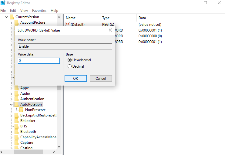 Edit registry to disable screen orientation on windows