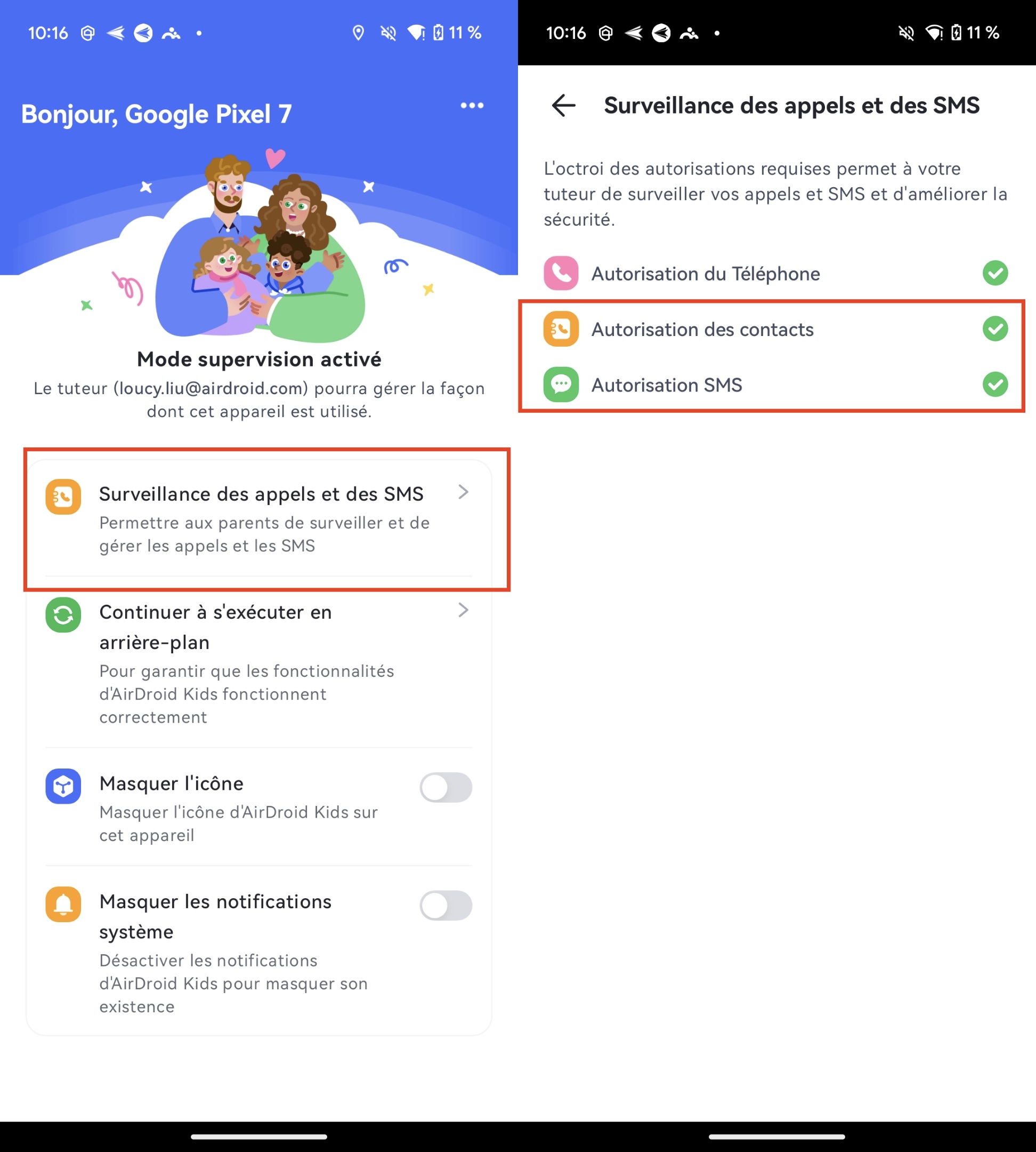 Activer les autorisations pour les appels et les SMS depuis AirDroid Kids