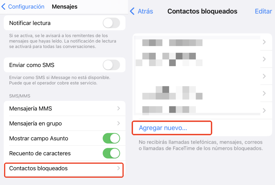 agregar contacto a la lista de contactos bloqueados