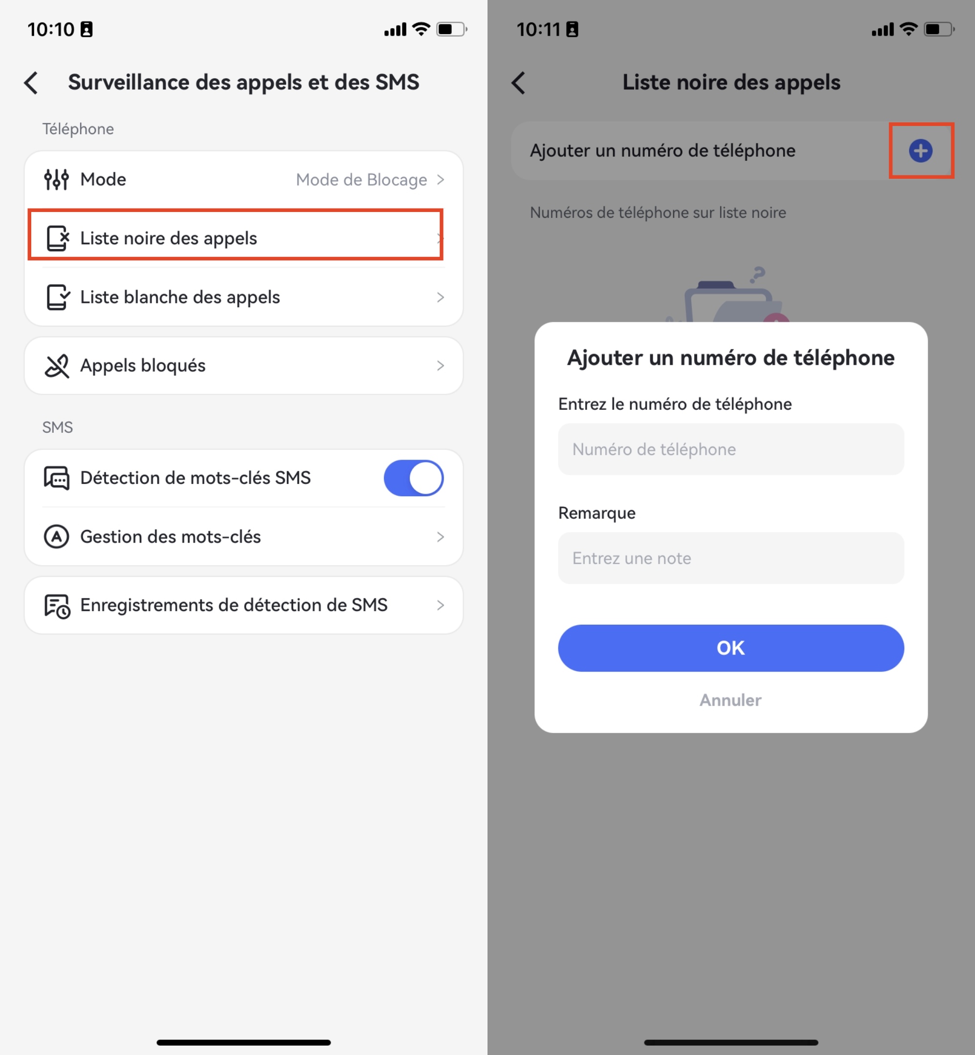 Ajouter les numéros de téléphone à bloquer