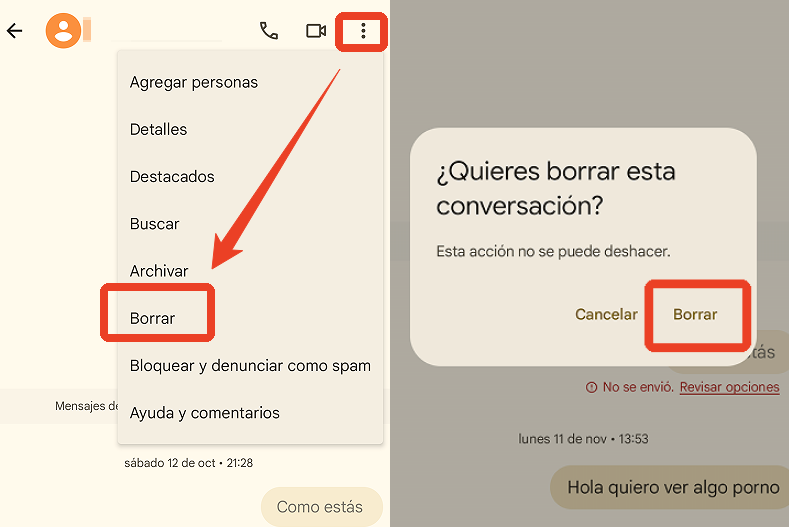 borrar chat en mensaje de google