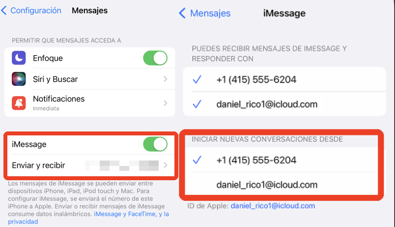 cambia direccion de imessage