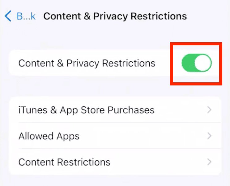 toggle off content and privacy restrictions