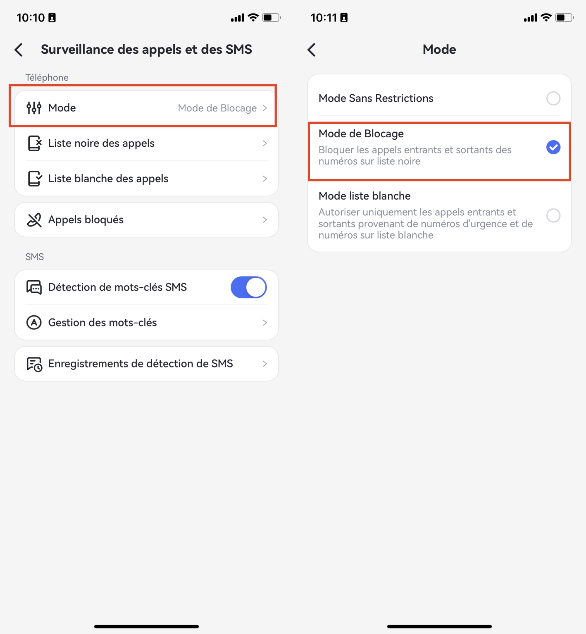 Sélectionner le « Mode » pour la gestion des appels