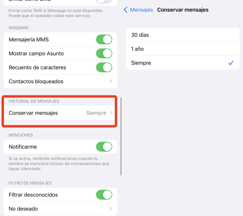 configurar conservar mensajes