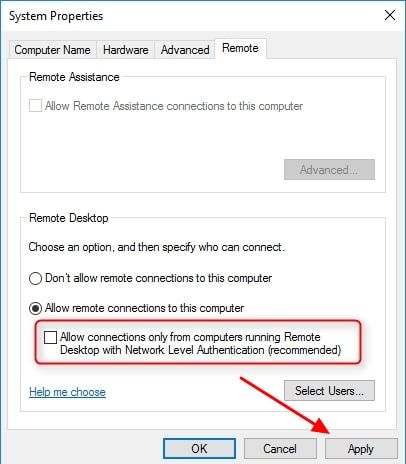 disable nla connection