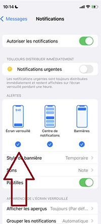 écran verrouillé des notifications Dans l’application « Messages »