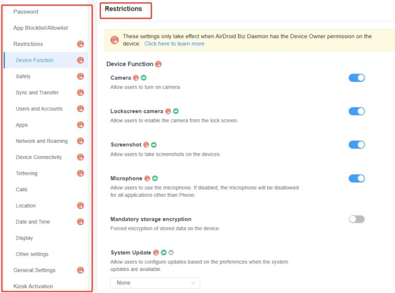 Device policy configuration menu