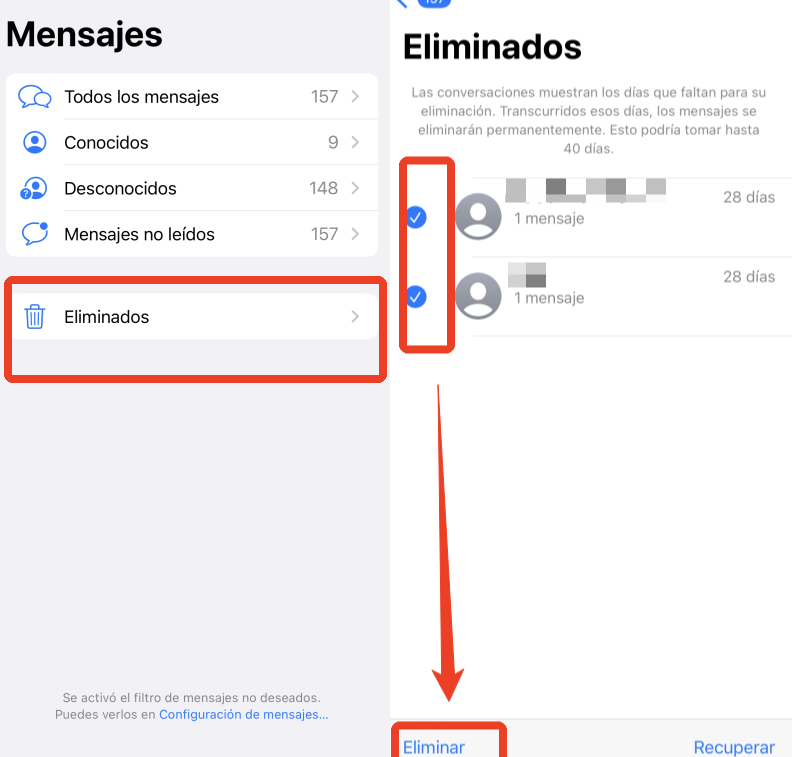 eliminar sms en eliminados